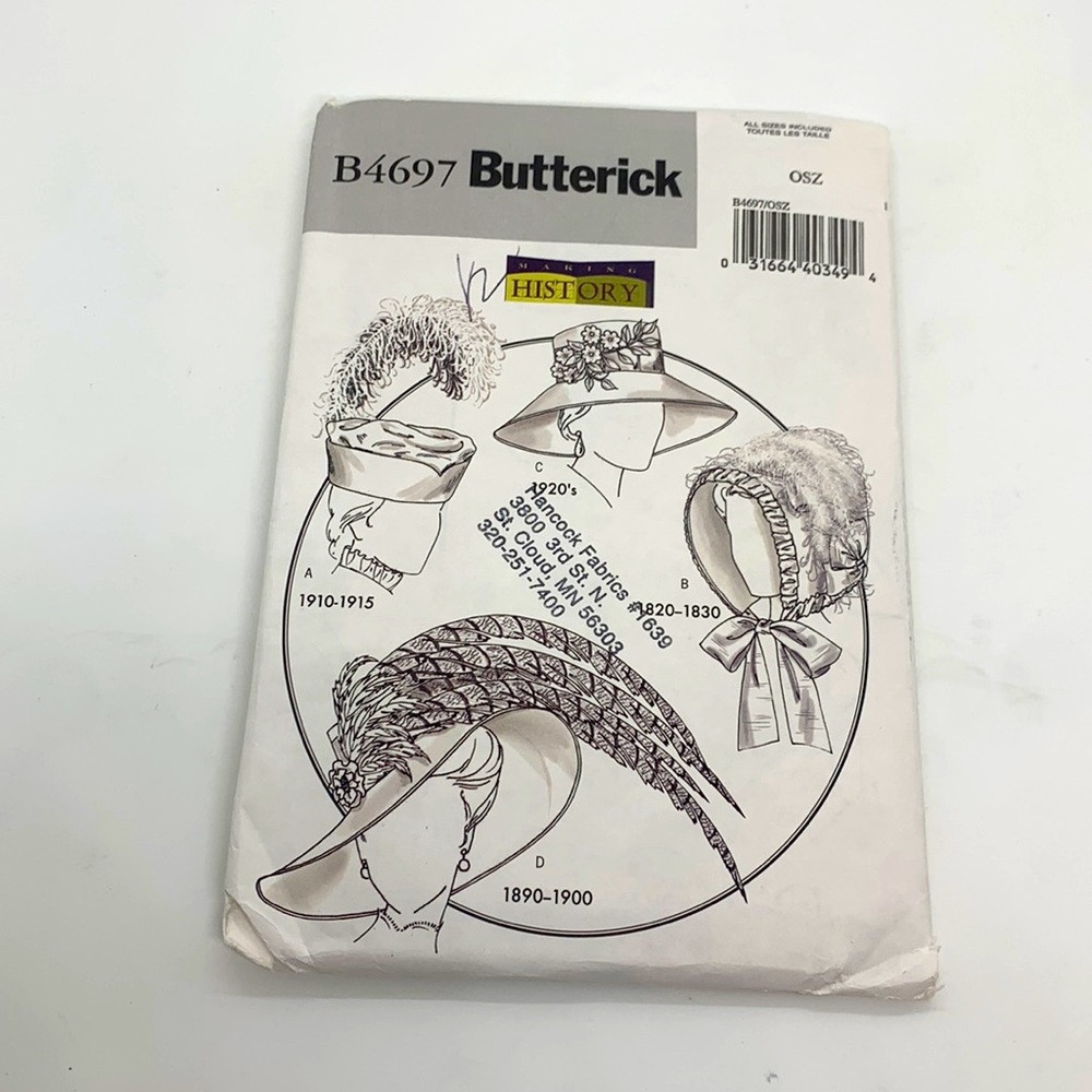 Butterick Making History UNCUT B4697 Hats Bonnet Sewing Pattern OSZ